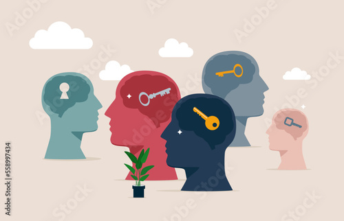 Key to your mind and understanding other people and to mental health. Human head with keyhole. Flat vector illustration.