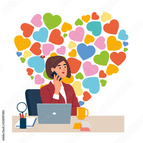 Female office worker secretly love someone in office, or one-sided love, having a secret crush on him. Modern flat vector illustration