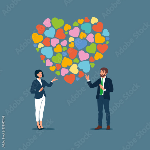 Love affair at work vector illustration. Colleagues are in love, male female managers characters. Modern flat vector illustration