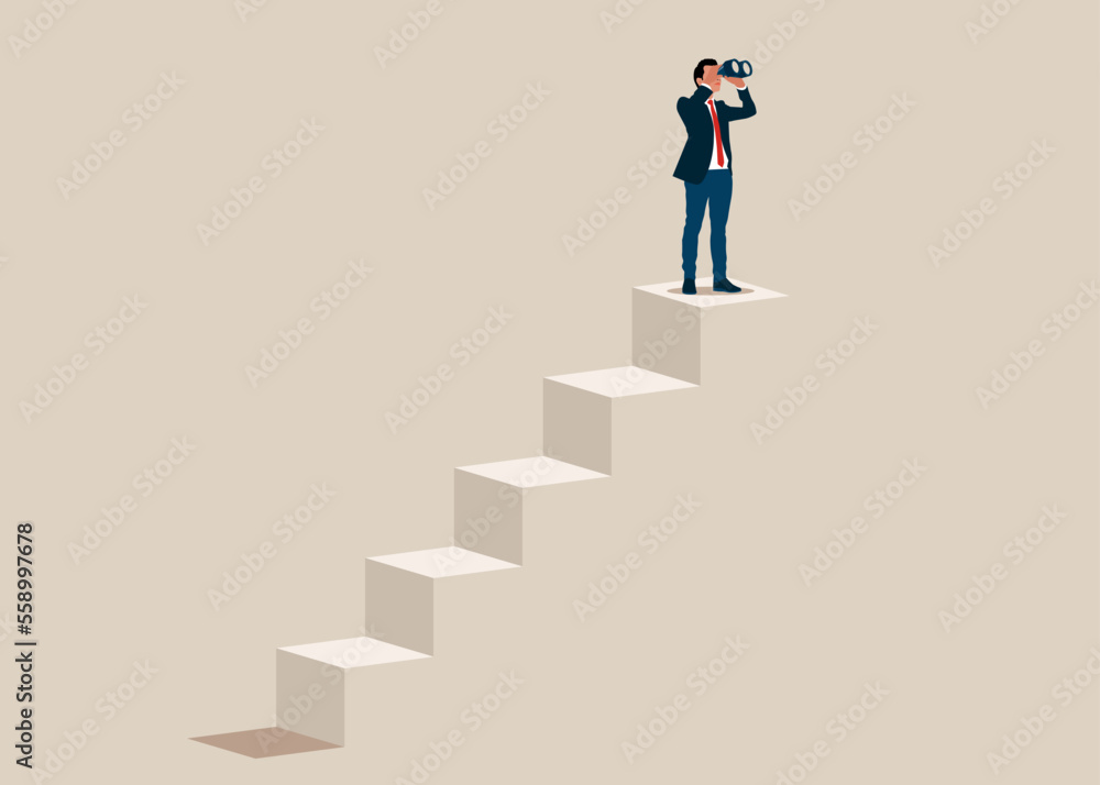 Successful vision concept with icon of businessman and binoculars. Symbol leadership, strategy, mission, objectives. Modern flat vector illustration
