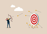 Businessman desperately trying to shoot arrows with bow to hit the bullseye but failed miserably. Fail, inaccurate, missing, and lousy. Vector illustration.