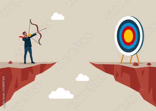 Business target goals. Forced to successful. Businessman standing on cliff with archer in hand. Shooting target with bow, arrow. Vector illustration.