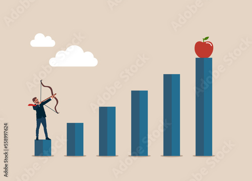 Businessman hit by an arrow in an apple. Sign of progress in increasing business sales. Growing business. Shooting from a bow and arrow. Vector illustration.