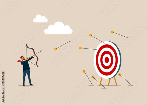 Businessman desperately trying to shoot arrows with bow to hit the bullseye but failed miserably. Fail, inaccurate, missing, and lousy. Vector illustration.