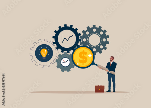 Businessman with magnifier dollar money from cog gear production. Optimize cost and expense for better profit strategy. Modern flat vector illustration