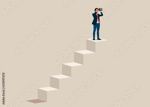 Successful vision concept with icon of businessman and binoculars. Symbol leadership, strategy, mission, objectives. Modern flat vector illustration