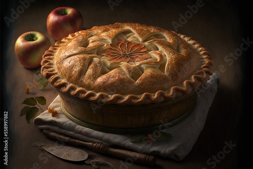 a pie with a decorative design on it sitting on a table next to a leaf and a candle holder with a candle on it and a leaf on the table next to it.