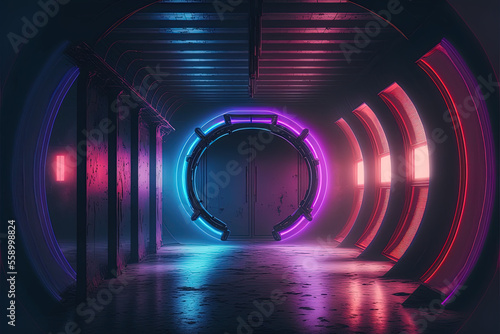 Circle Neon Laser Fluorescent Purple Red Blue Glowing Purple Blue Laser Fluorescent Dark Empty Underground Tunnel Corridor Vibrant Garage Gallery. Generative ai