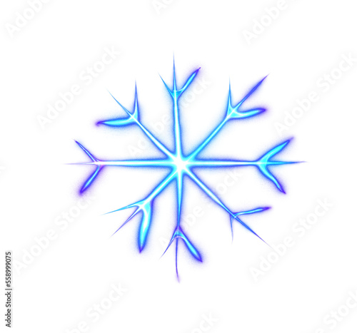 Blue glowing transparent snowflake, isolated icon. Merry Christmas and Happy New Year. Simple neon light. Shining winter, xmas lamp. Fluorescent, luminescent illumination. Png