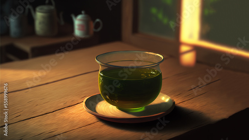 Fresh Glass of Green Tea in tea glass on a wooden table, tea saucer, infusion tea, dark background, focus on drink, tea leaves, tea flowers, brewing tea, cinematic lighting 