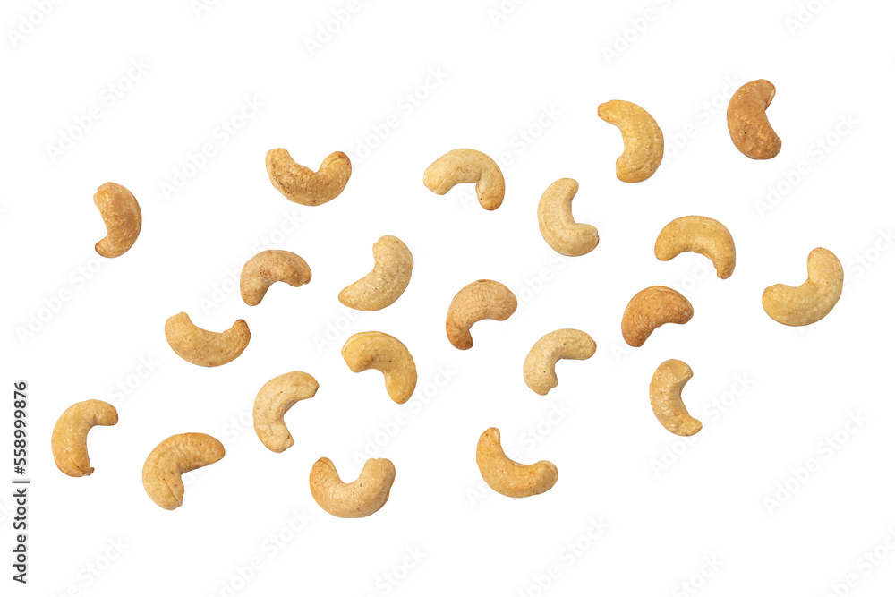 cashew nuts close-up scattered on white background, heap of roasted nuts isolated, snack food concept, vegan meal cashew nuts close-up scattered on white background, heap of roasted nuts isolated, snack food concept, vegan meal