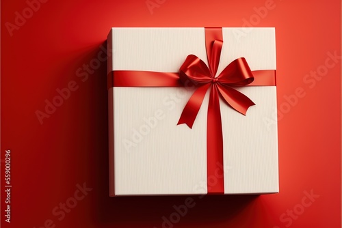 2023 is coming out of a white gift box tied with red ribbon on red background. Horizontal composition with copy space. Directly above. Great use for Christmas related gift concepts. Generative AI © Create image
