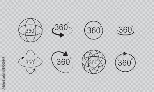 360 degrees vector icon set. Round signs with arrows rotation to 360 degrees. Rotate symbol isolated on transparent background. Vector illustration. 
