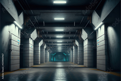 Sci-Fi futuristic huge warehouse industrial basement or parking. Empty Corridor hallway underground station. Background. Generative ai