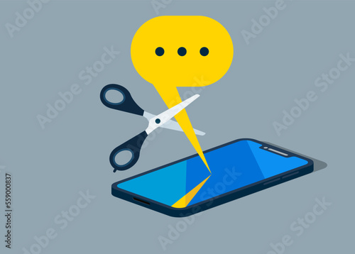 Do not disturb. Uses scissors to cut out the message. Block unwanted messages, filter messages from unknown senders. Flat vector illustration.