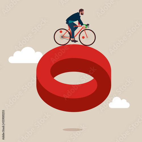 Business team solution with businessmen riding bicycle traveling on impossible shape. Symbol of challenge, success, cooperation. Vector illustration concept.
