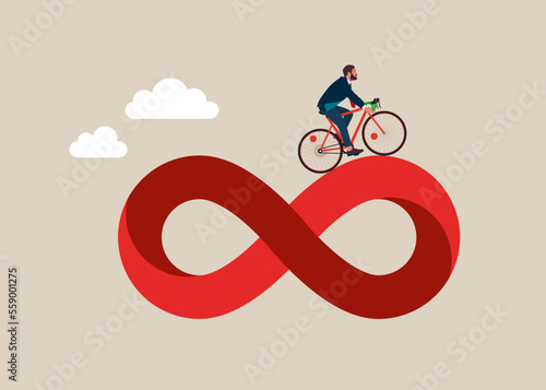 Businessman riding bicycle traveling on never ending infinity loop. Business cycle, infinity routine job or career path, competition to success, impossible illusion. Flat modern vector illustration.