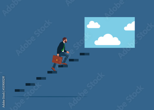 Businessman climbing ladder to the door with blue sky, freedom and success concept. Flat modern vector illustration. © Vadym