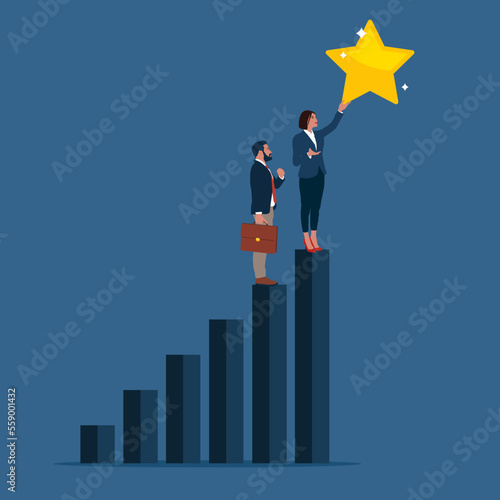 Business team climb up stair to the top to reaching to grab precious star reward. Reaching business goal. Modern flat vector illustration.