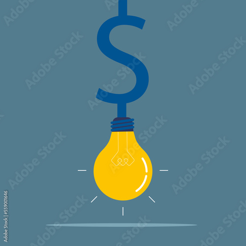 Dollar sign glow among other light bulb. Flat vector illustration.