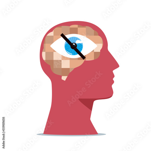 Human head with blurred background and adults content. Nymphomaniac, thinking about sex, sensitive content. Flat vector illustration.