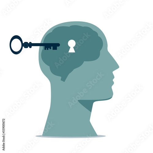 Human head with keyhole. The key to mental health. Flat vector illustration.