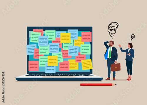Business team tired of working too hard. overworked, overly busy work. Work stress. Flat vector illustration.