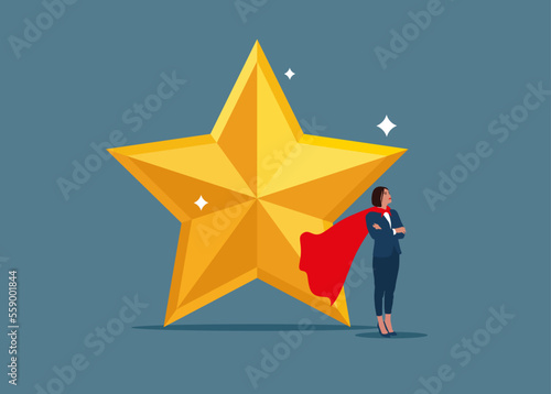 Businessman standing next the star. Golden star business success award. Flat vector illustration