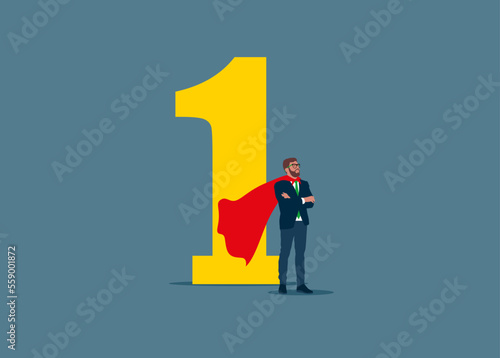 Success businessman. Superhero standing the number one. Business winner. Peak of a career. Flat vector illustration
