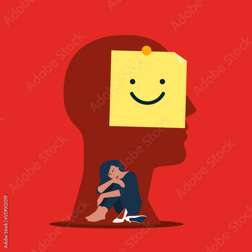 Woman hiding sadness under mask. Mask your emotions with a fake smile. Flat vector illustration.
