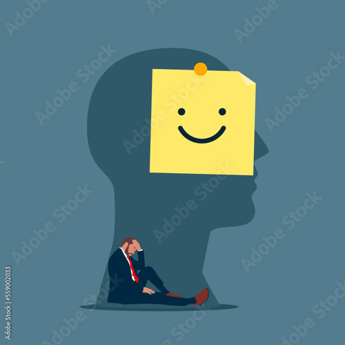 Businessman hiding sadness under mask. Mask your emotions with a fake smile. Flat vector illustration.
