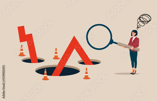 Analyst woman using a magnifying glass to see the stock market crash falling. Flat vector illustration.