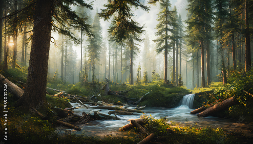 Majestic landscape painting featuring felled trees, snowy branches, and a peaceful atmosphere. Generative AI