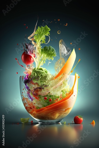 AI-generated illustration of salad makings falling into a glass salad bowl. MidJourney. photo