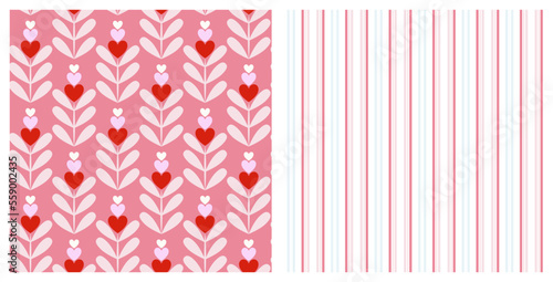 Set of two seamless patterns of heart flowers and elegant stripes on isolated background. Vector design for party celebrations, Valentine’s Day, Wedding, Mother’s day, greeting cards, invitations.