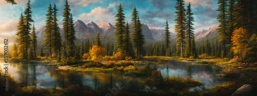 The painting depicts a springtime lake surrounded by a forest, capturing the serene and peaceful atmosphere of the season. Generative AI © 4K_Heaven