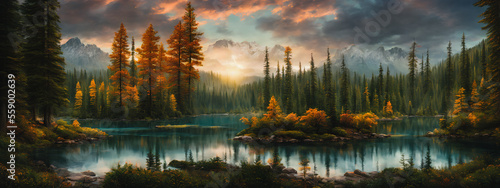 The painting depicts a springtime lake surrounded by a forest, capturing the serene and peaceful atmosphere of the season. Generative AI © 4K_Heaven
