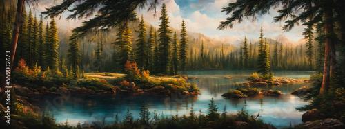 The painting depicts a springtime lake surrounded by a forest  capturing the serene and peaceful atmosphere of the season. Generative AI