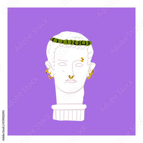 Greece statue with modern element on pink background.T-shirt print design template.Greece culture antique illustration collection. Historical cartoon drawing bundle. Antique art element with glasses
