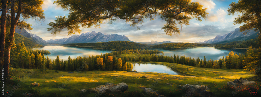 Fototapeta premium The painting depicts a springtime lake surrounded by a forest, capturing the serene and peaceful atmosphere of the season. Generative AI