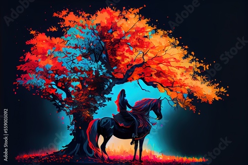 A girl on a horse in a colorful forest