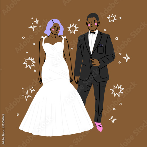 Wedding black couple vector illustration of man and woman just married. For greeting card design template. Happy bridegroom and  bride  in wedding dress.A loving couple is standing 