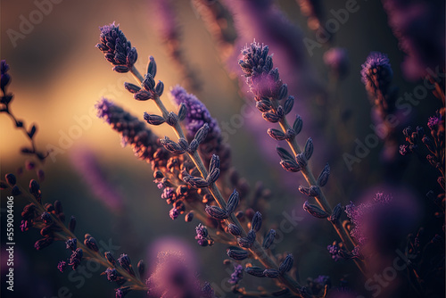 Purple lavender flowers with Light leaks and blurred nature background with copy space. lavender in the spring morning. Generative ai 