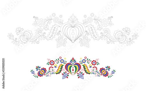 Traditional folk ornament. Floral embroidery Czech pattern. Coloring pages with a colour template. Moravian, Slovak and Hungarian symbol. Vector illustration