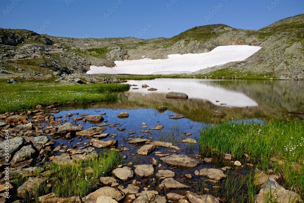 Scenic Besseggen trail in Jotunheimen, Norway - the most beautiful trekking trail in Norway. 