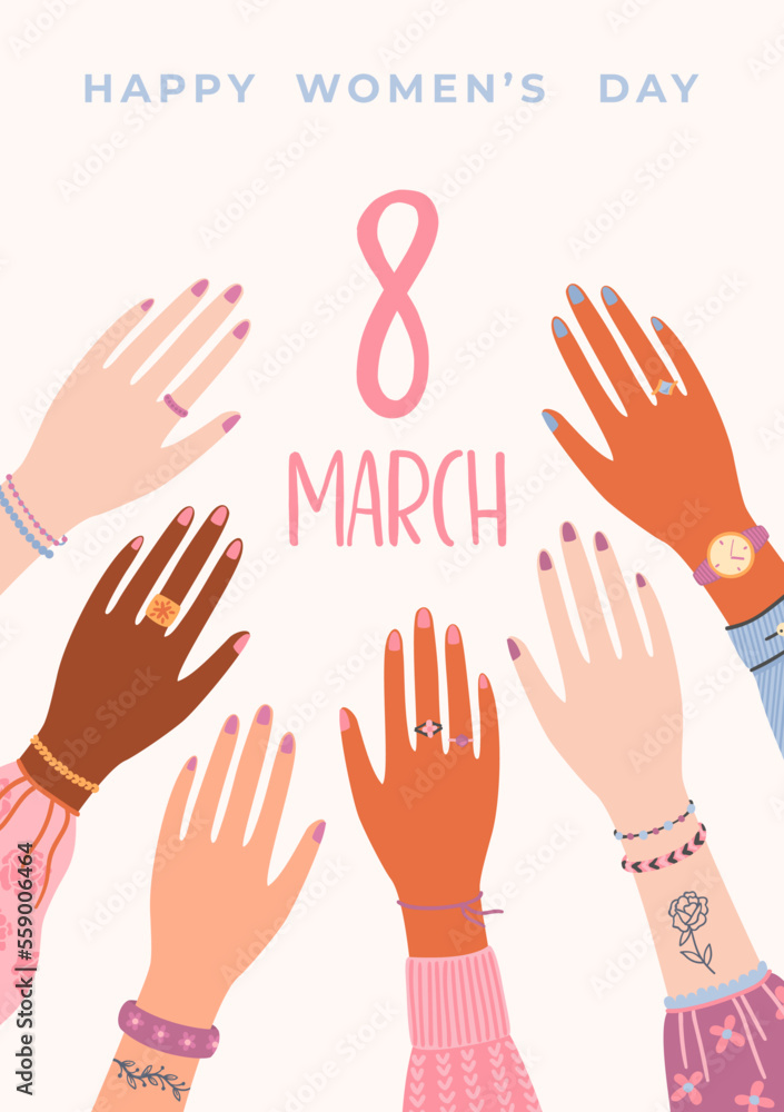 Fototapeta premium Illustration with female hands. Vector design concept for International Women s Day and other