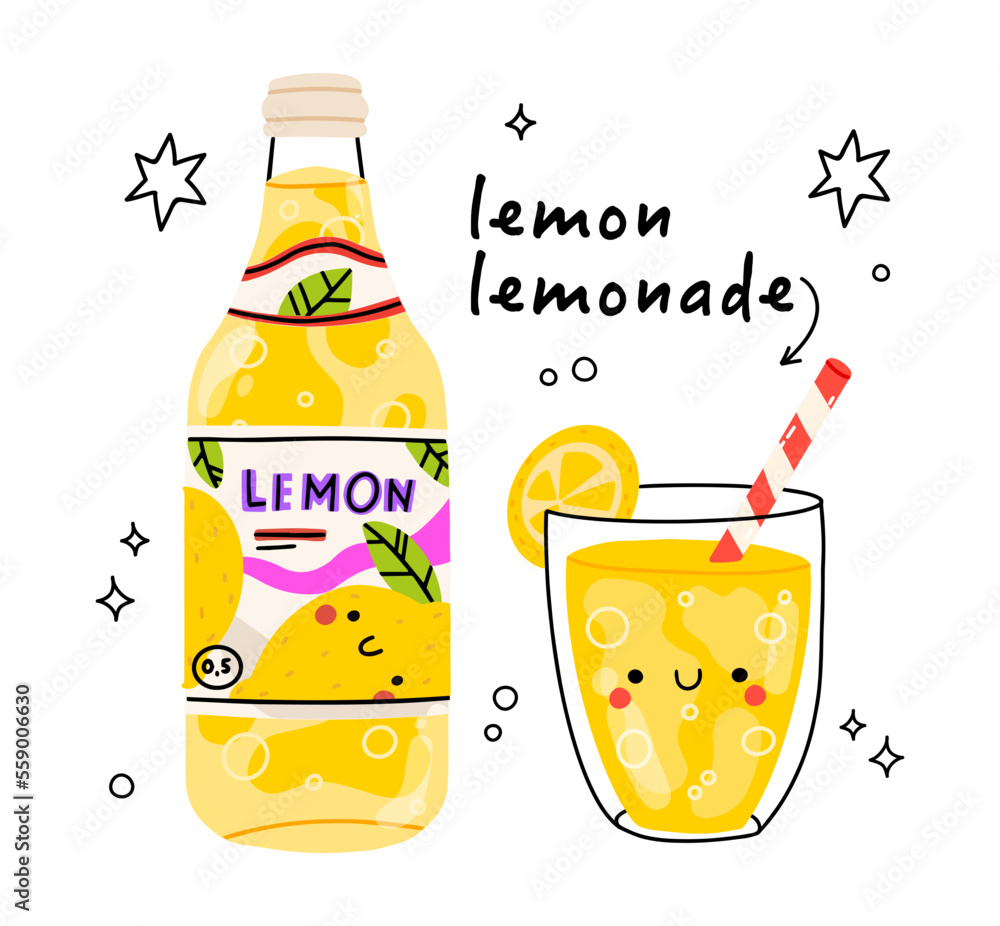 Cute lemonade glass and bottle with lemonade. Isolated. Vector cartoon