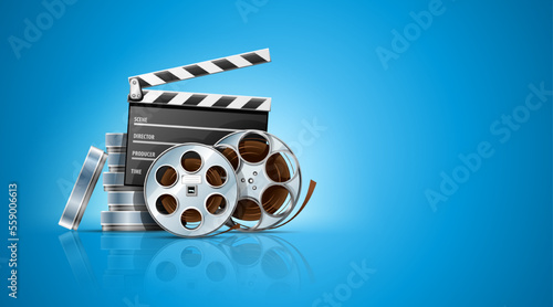 Cinema clapper and video film tape on disc blue background. Banner for online. Vector illustration