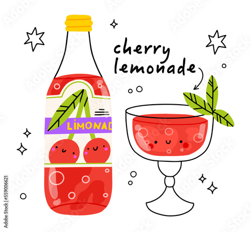 Cute cherry bootle and glass. Isolated. Vector cartoon character hand drawn style illustration. Kawaii smiling lemonade.Hand drawn cute vector for web,design,print