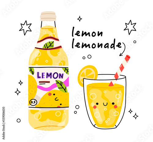 Cute lemonade glass and bottle with lemonade. Isolated. Vector cartoon character hand drawn style illustration. Kawaii smiling lemonade.Hand drawn cute vector for web,design,print, isolated on white.